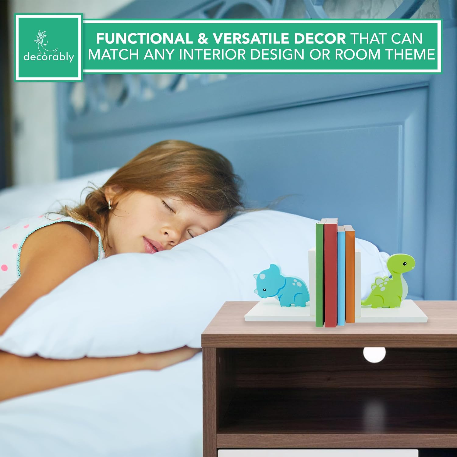 2-Piece Non-Skid Wooden Decorative Kids Bookends for Boys and Girls Room / Baby Blue & Green