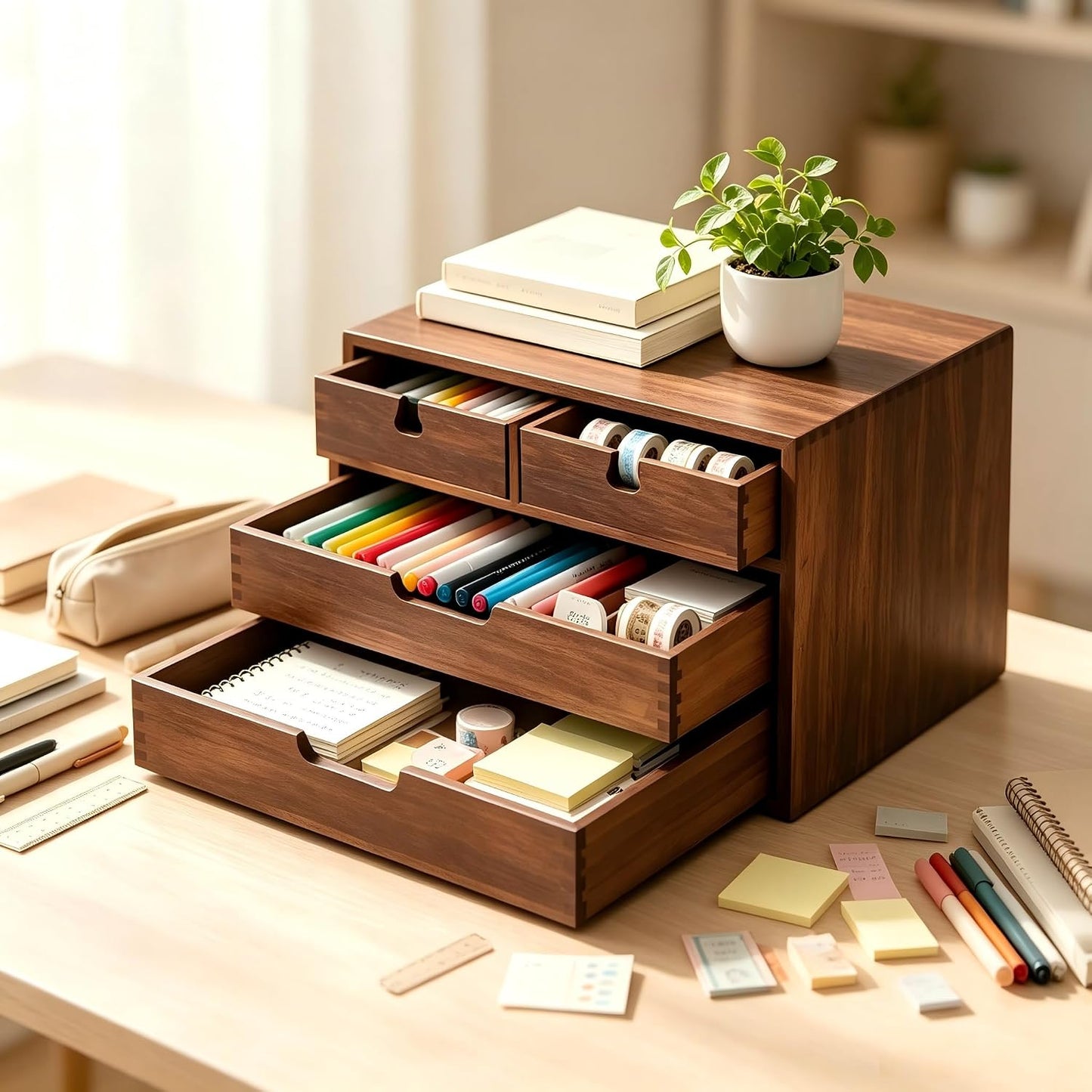 Bamboo Desk Organizer, 100% Natural Bamboo Desktop Drawer Organizer, Dark Brown Tabletop Storage Cabinet Organization