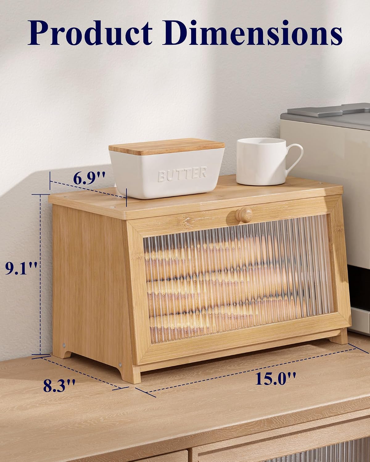 Kitsure Wooden Bread Box for Kitchen Countertop, 1-Tier, Bamboo | Large Capacity Kitchen Countertop Organizer, Stylish