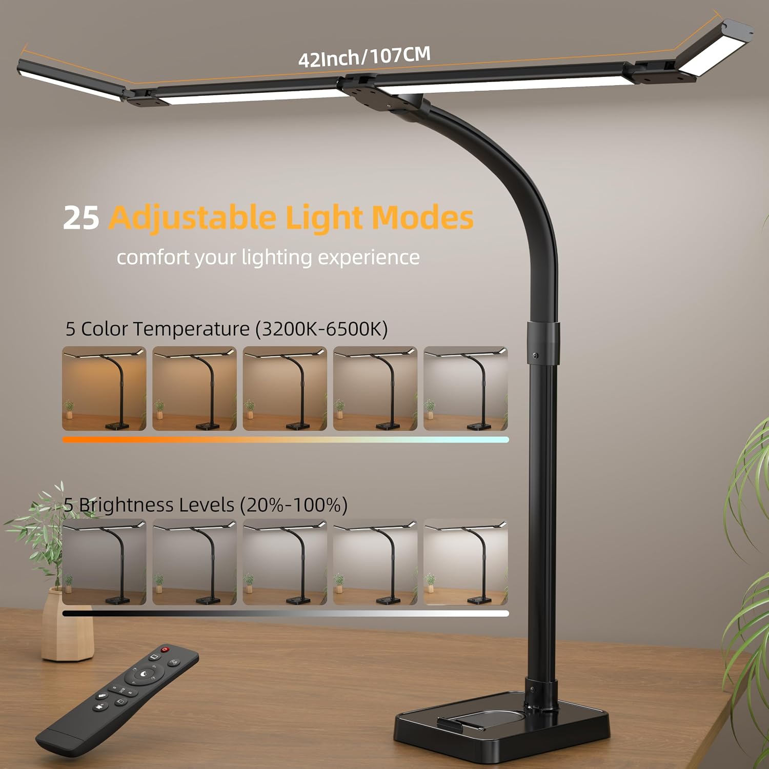 LED Desk Lamp for Home Office, Eye-Caring Desk Light with Remote,Adjustable Flexible Gooseneck,Adjustable Gooseneck