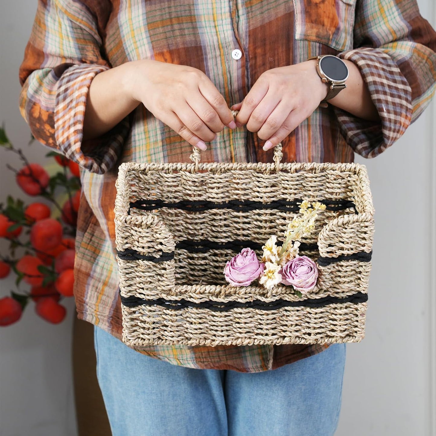 Handmade Seagrass Woven Hanging Basket / Rectangular Opening / Black / 11.81 x 4.33 x 7.87