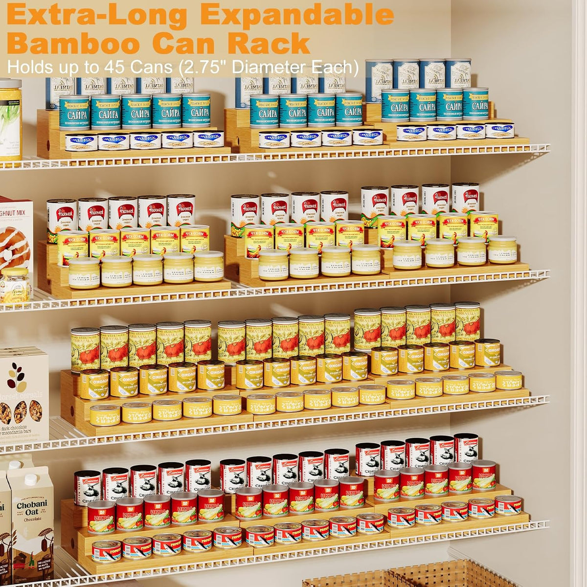 3-Tier Extra-Long Expandable Bamboo Can Rack for Pantry, Holds 45 Cans | Adjustable Pantry Can Organizer, Large