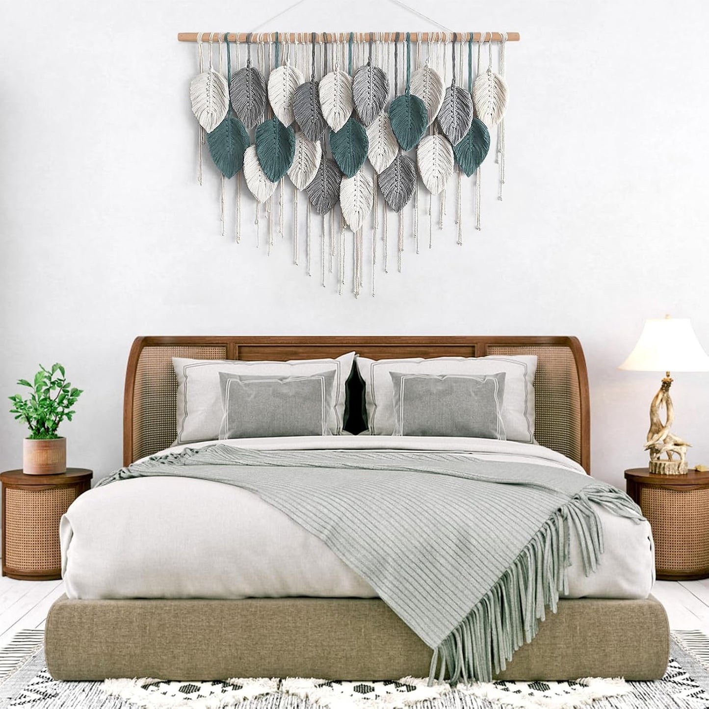 Large Macrame Wall Hanging Boho Home Decor / Grey Cyan-39"w x 29.5"L