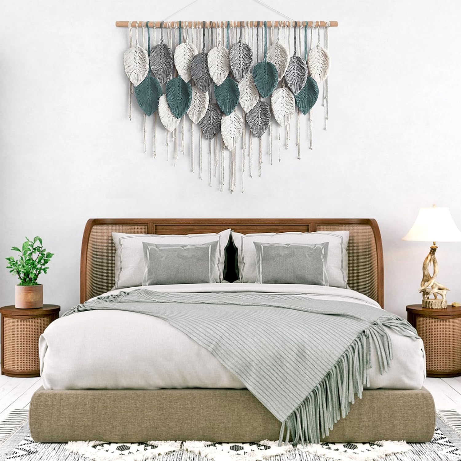 Large Macrame Wall Hanging Boho Home Decor / Grey Cyan-39"w x 29.5"L