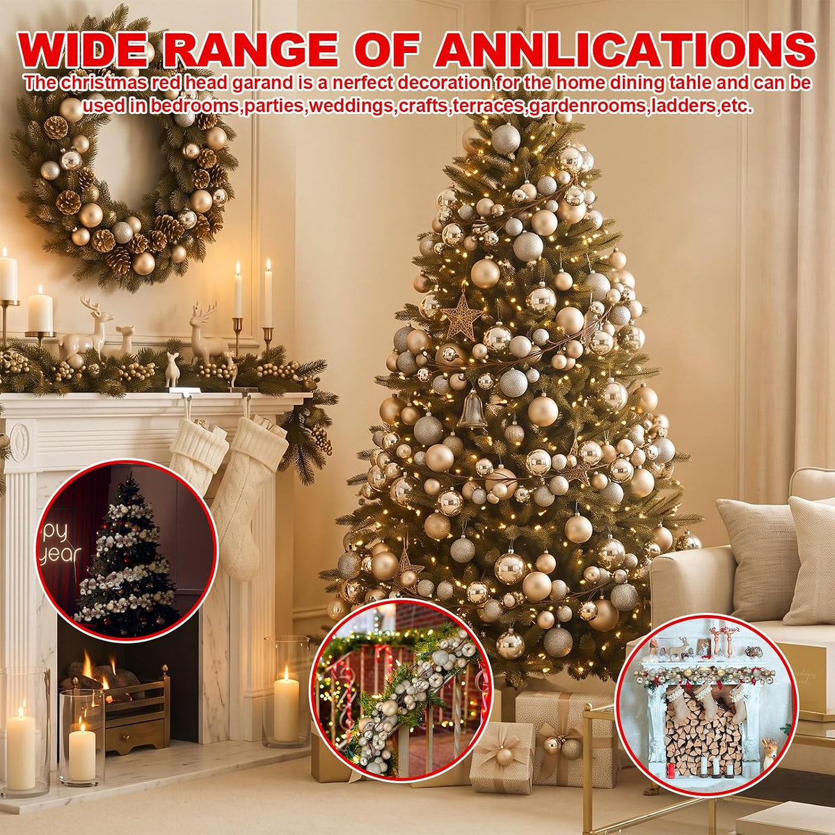 2 Pcs 15 ft Christmas Ball Ornament Garland, Champagne Gold | Bauble Bulb Christmas Tree Ball Decoration Shatterproof