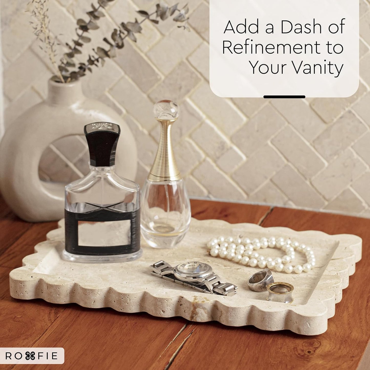 Scalloped Marble Tray / Beige Travertine / 11.8 x 7.9 x 0.8