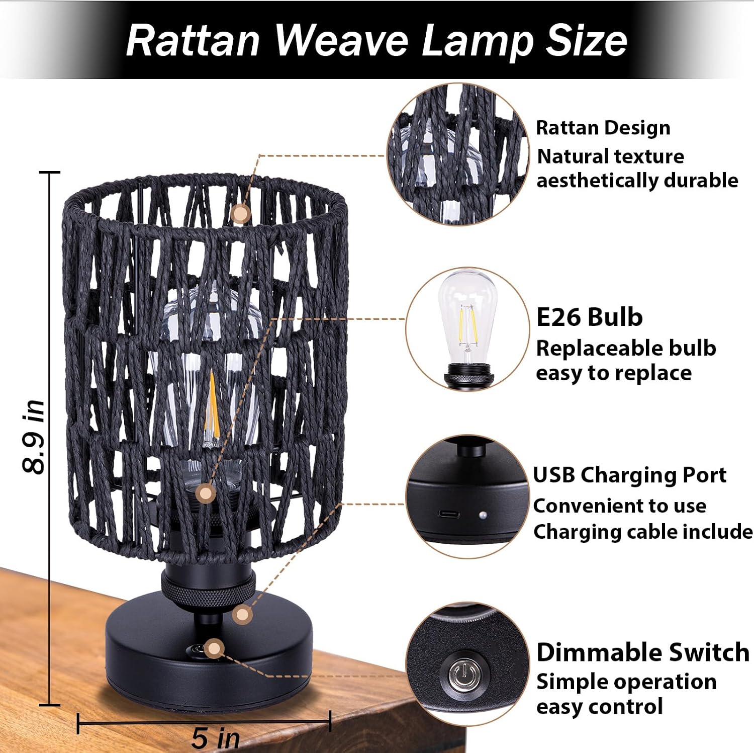 Cordless Rechargeable Outdoor Table Lamps, Battery Operated Table Lamp, Stepless Dimmable for Patio, Living Room, and