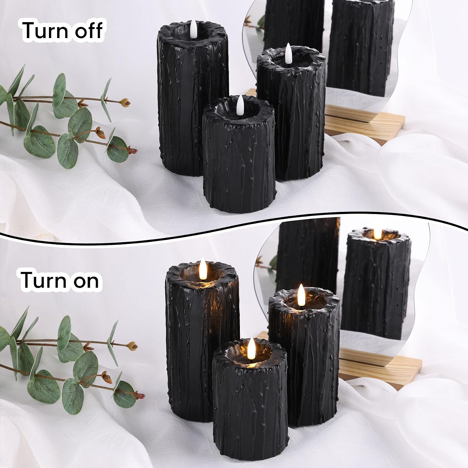 Black Dripping Wax Halloween Flameless Pillar Candles with Remote | Flickering Realistic LED Candles Set of 3, 2 AA