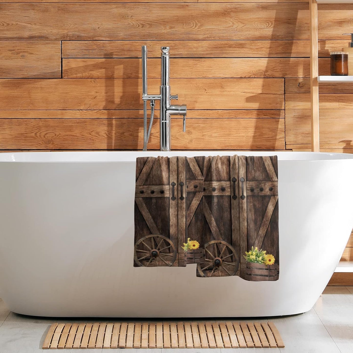 Giwawa Rustic Barn Door Hand Towels Set of 2 Brown Wood Fingertip Towels Soft Absorbent Towels for Bathroom Kitchen