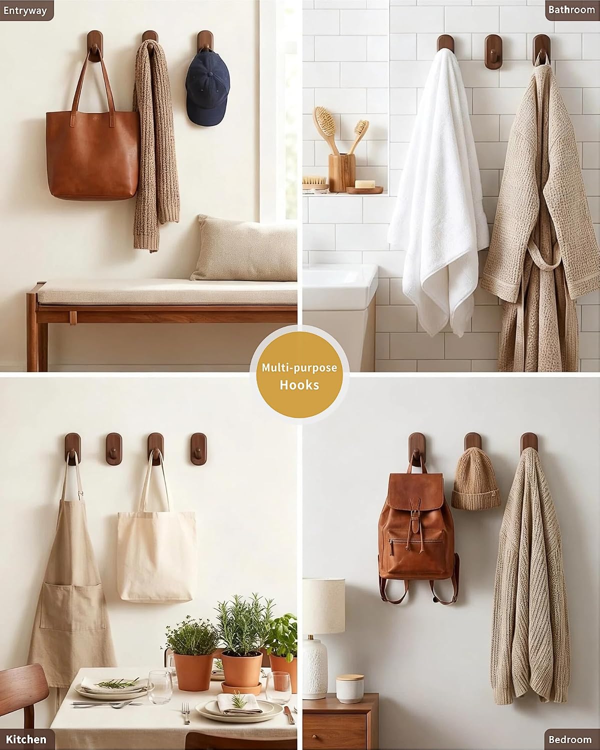 Wooden Wall Hooks for Hanging / Dark Walnut / Set of 4