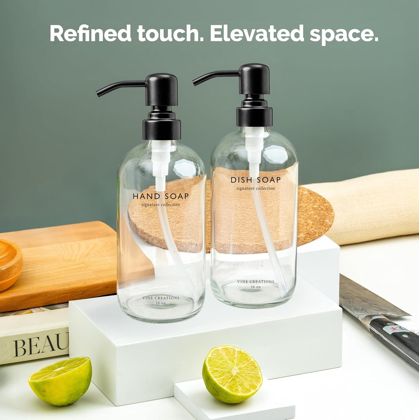 Vine Creations Clear Glass Soap Dispenser Set, Dish Soap and Hand Soap Dispenser Set with Stainless Steel Pump, 16 oz