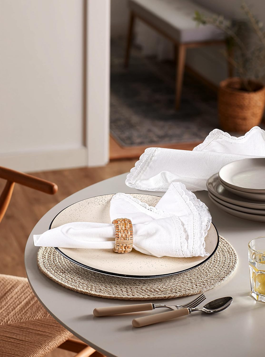 Set of 12 Flax Lace Cloth Napkins 20x20 Inch - White | Premium Linen Cotton Reusable Dinner Napkin for Wedding