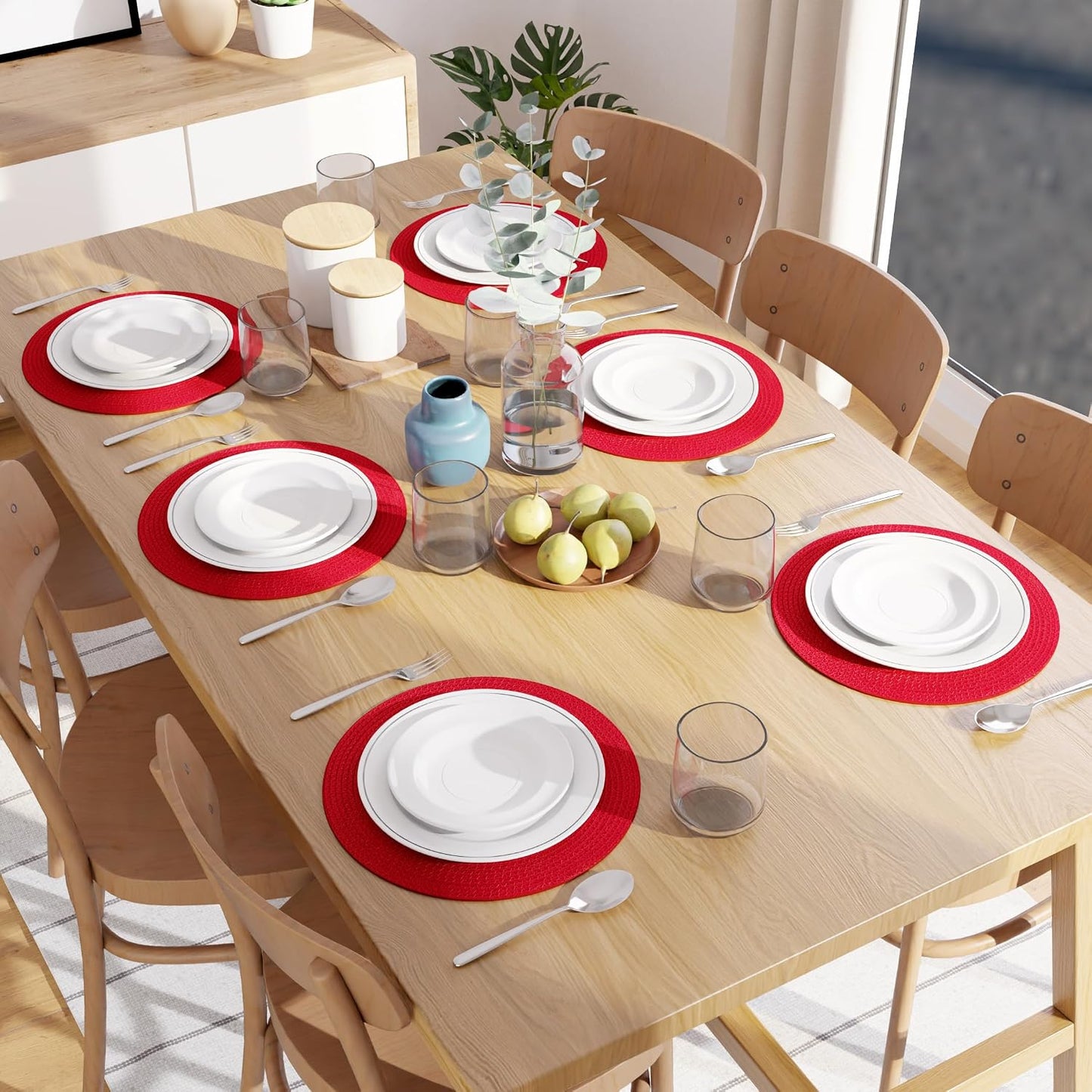 Encasa XO Placemats, Round Cotton Dining Table Mats 13" | Red, Handcrafted Ribbed Texture | Heat Resistant Trivets