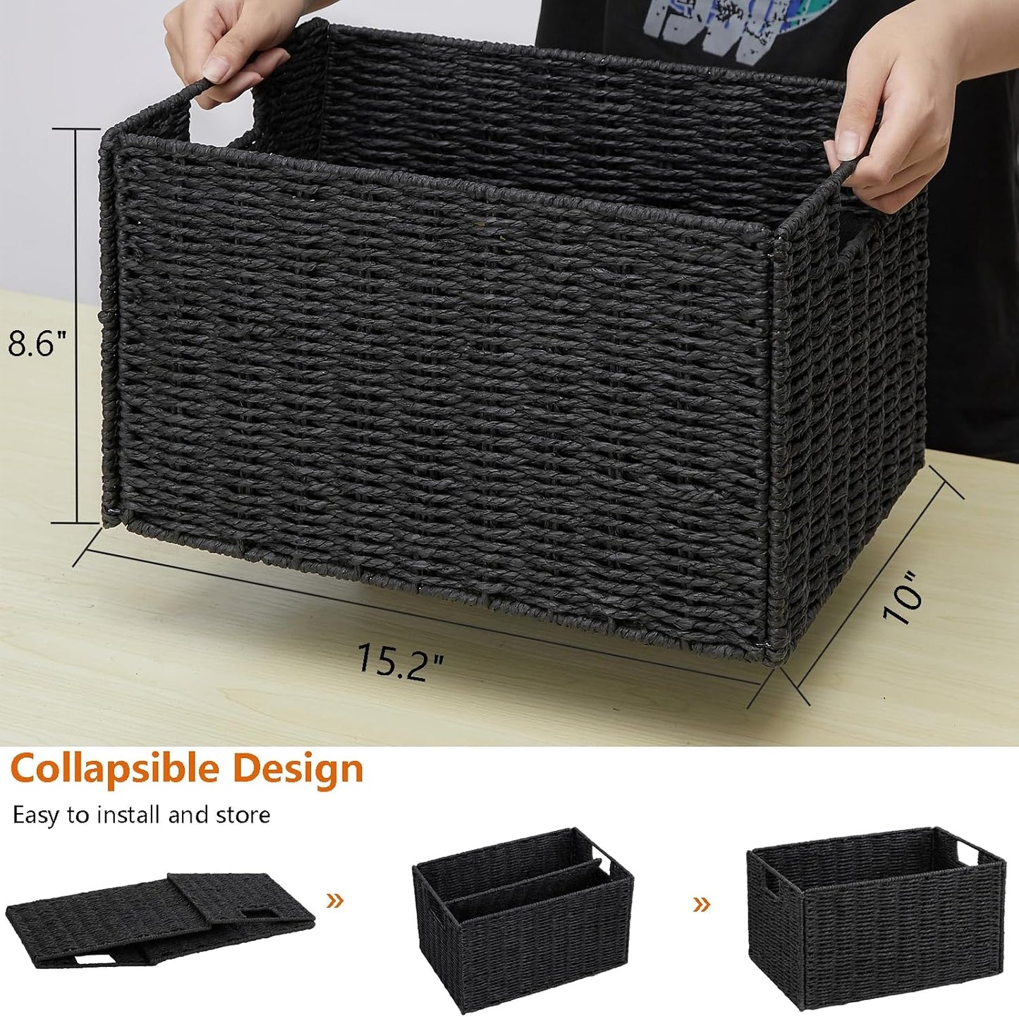 Wicker Storage Basket / Black / 15.2"D x 10"W x 8.6"H / Set of 2