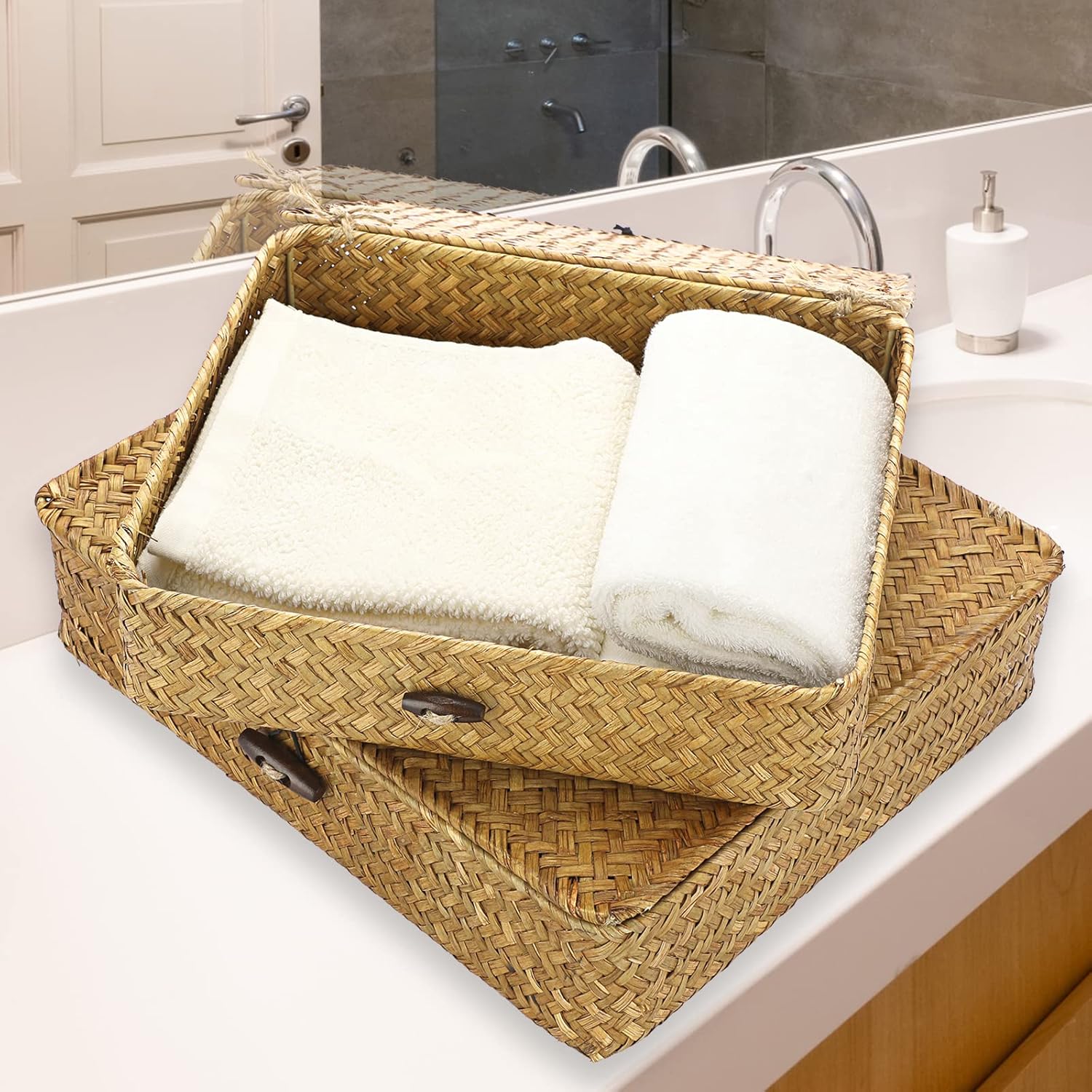 Flat Woven Wicker Storage Bins / Small+large / Caramel / Natural / Set of 2