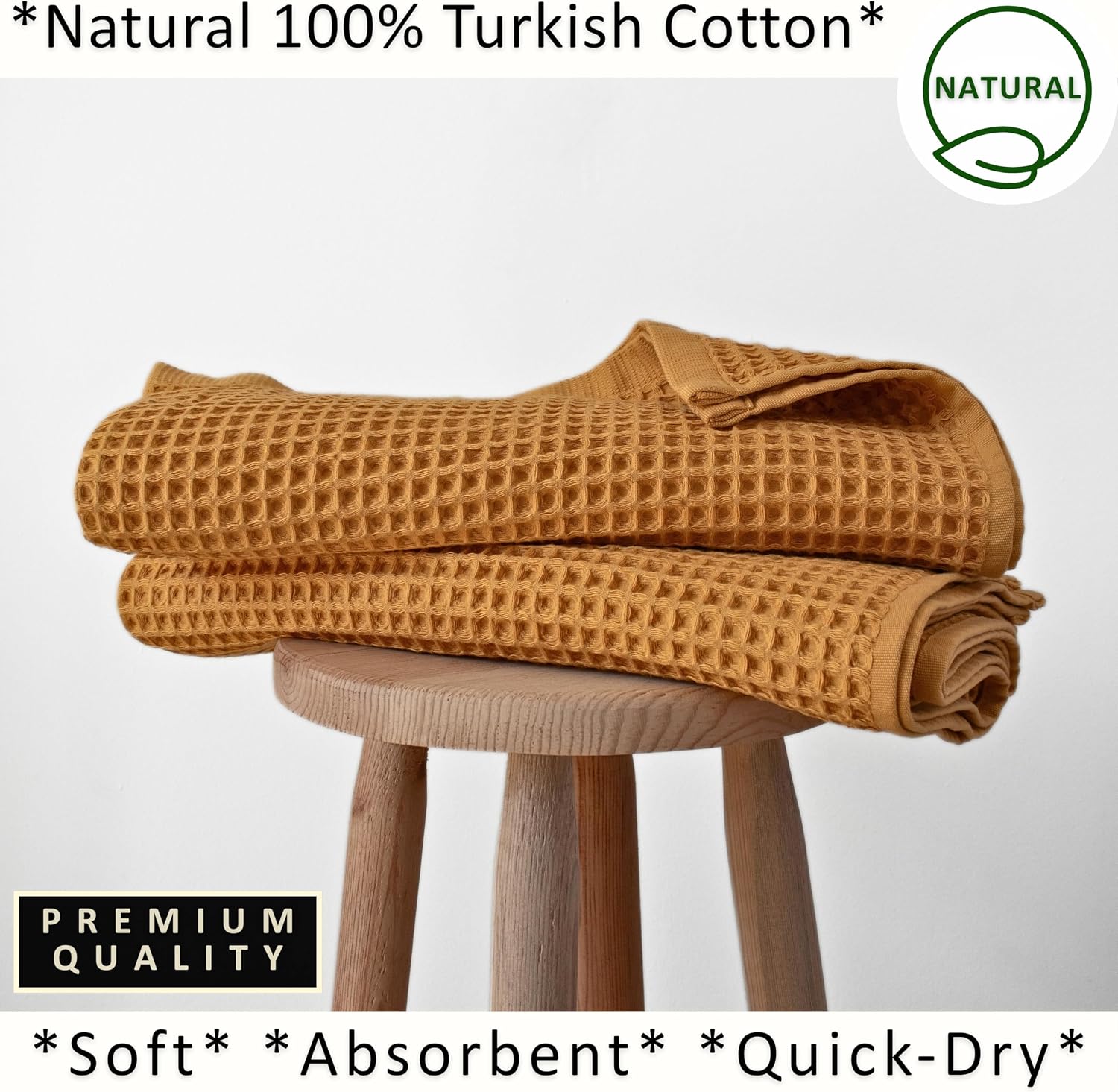 PÜSKÜL Natural 100% Turkish Cotton Waffle Bath Towels Set of 2, Extra-Large | Mustard, Oversize 32x63" Bath sheet towel