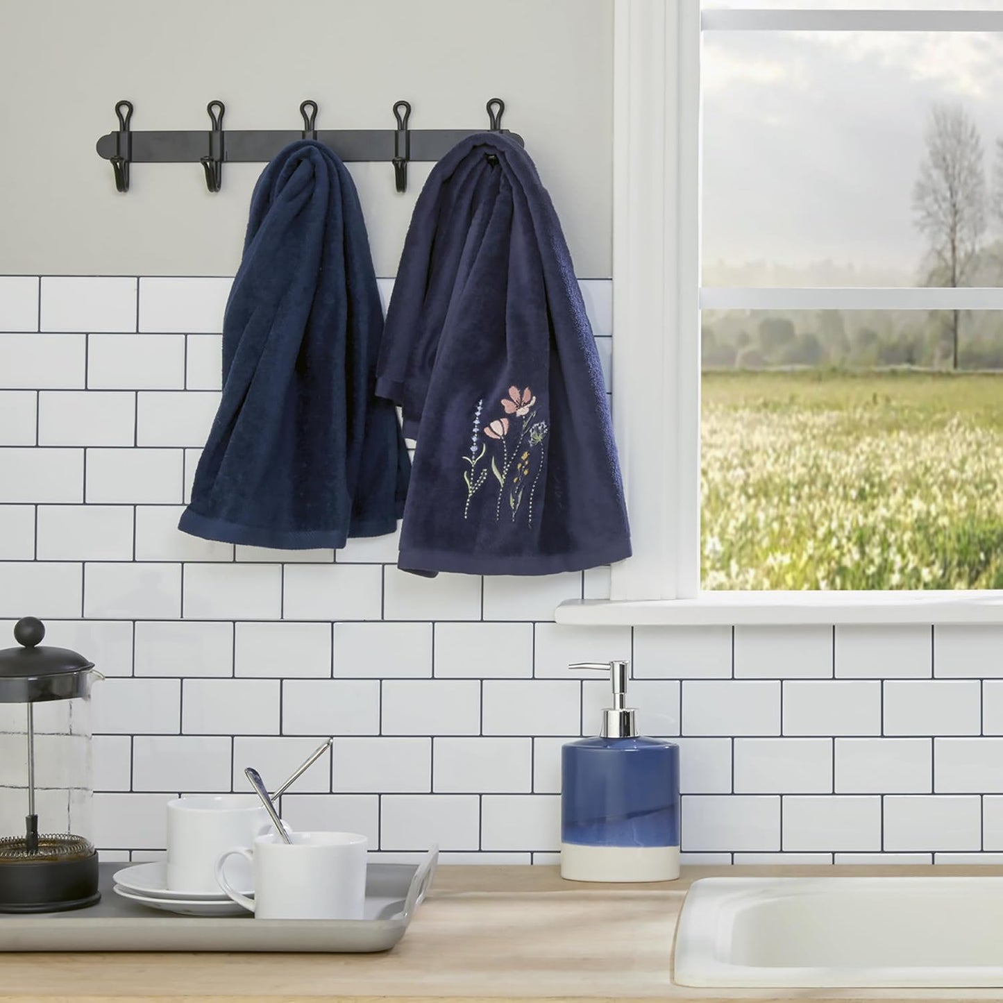 SKL Home Wildflower Field Hand Towel Set-2pc, Embroidered, Navy | 100% Cotton. Soft, decorative velour. For use in the