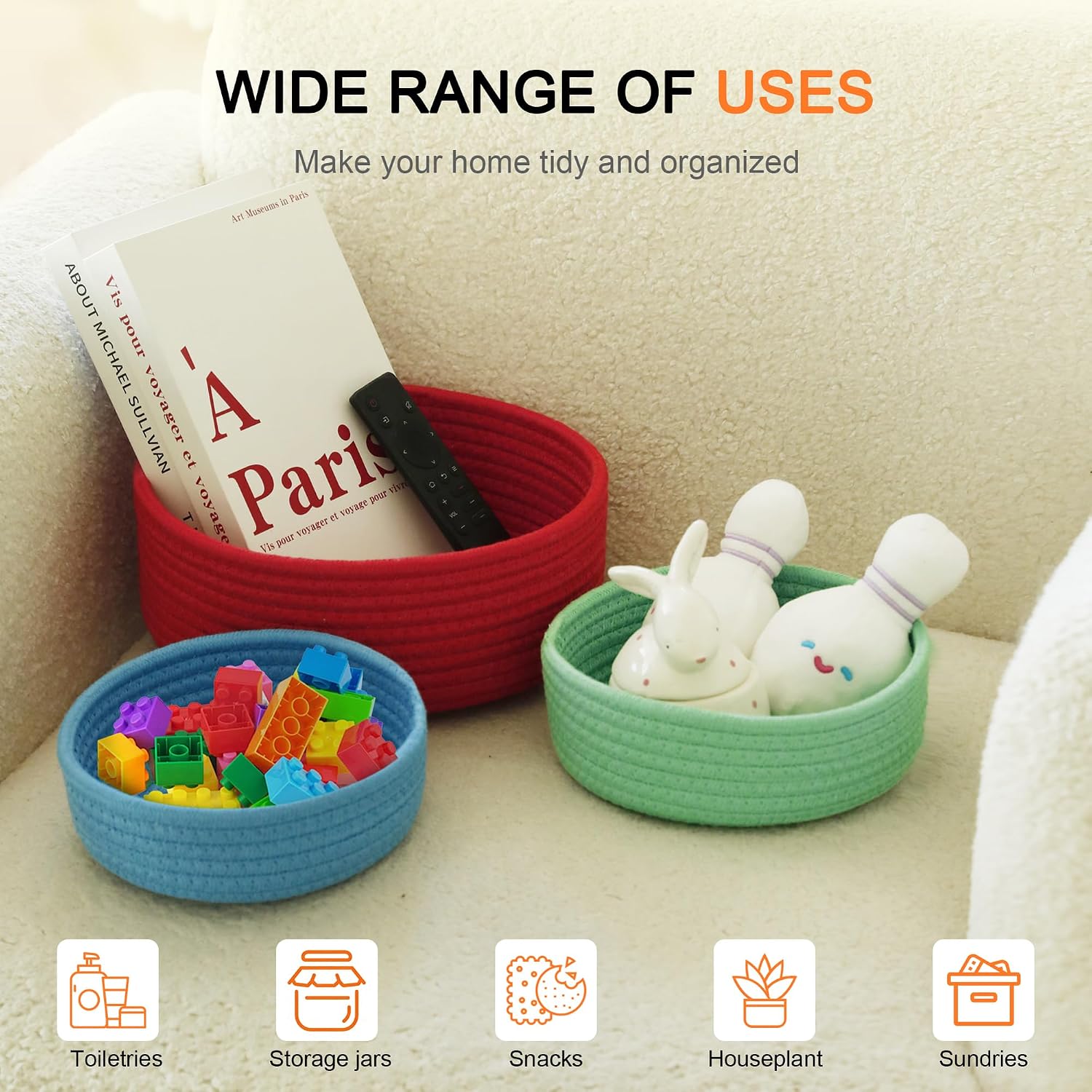 Woven Storage Baskets for Organizing / Rainbow / Set of 6