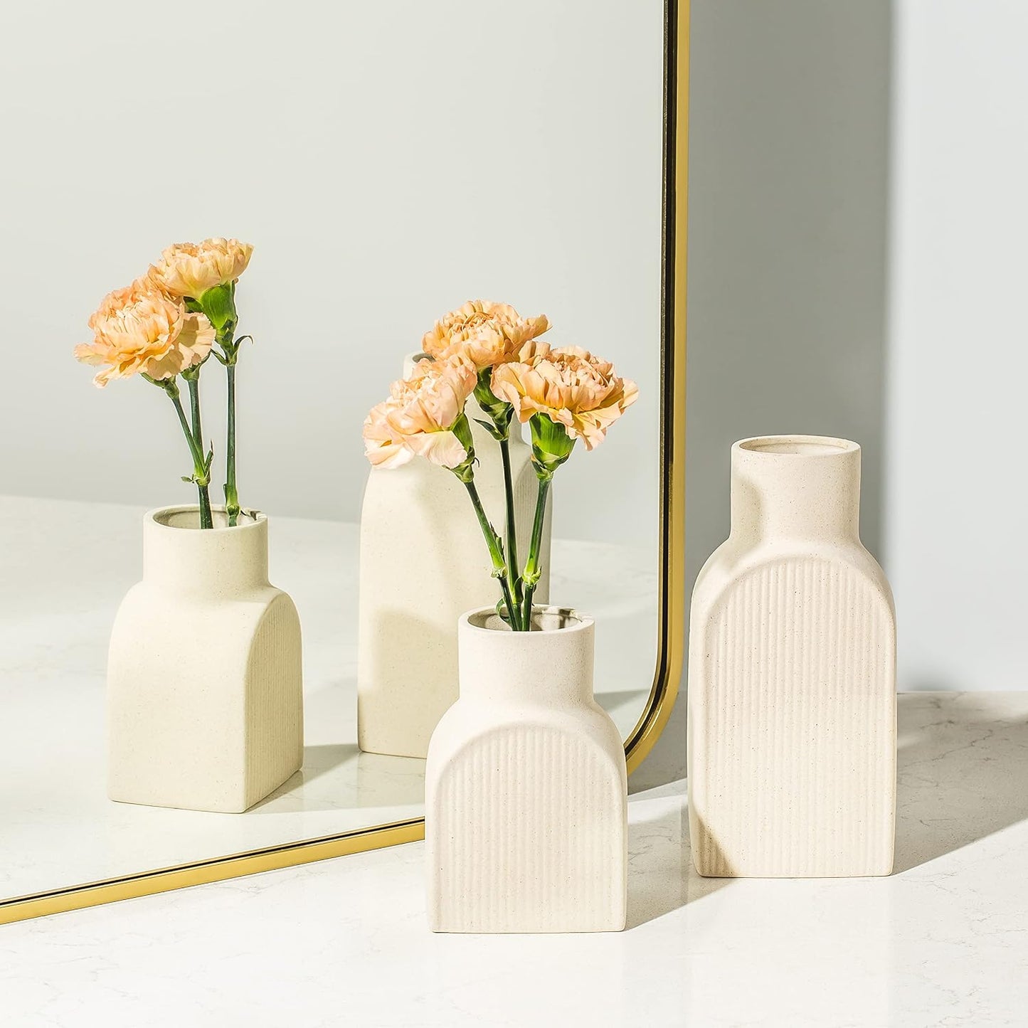 Ceramic Ribbed Vases / Bottle Flower Planter Set. Scandi Style Home Decor. Neutral