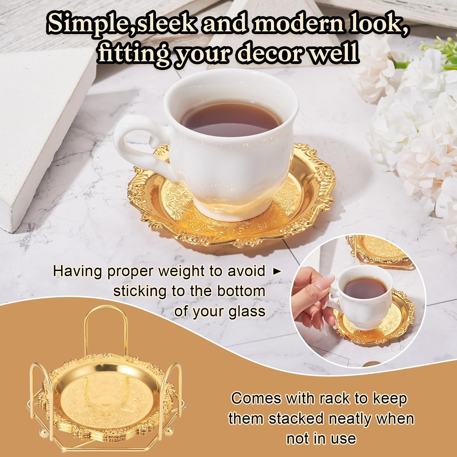 Holder Vintage Coasters Round Coasters Metal Cup Mats / Gold-lace / Set of 6