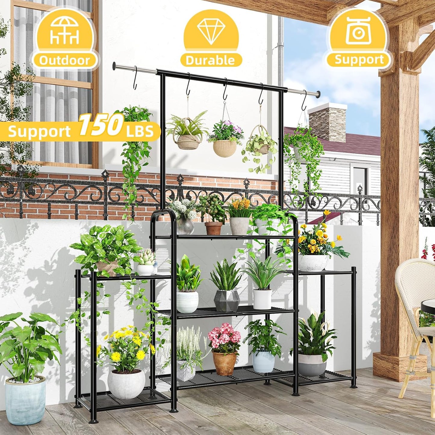 Simple Trending Plant Stand Indoor Outdoor, Metal 3 Tier Tall Hanging Plant Shelf for Multiple Flower Planter Large