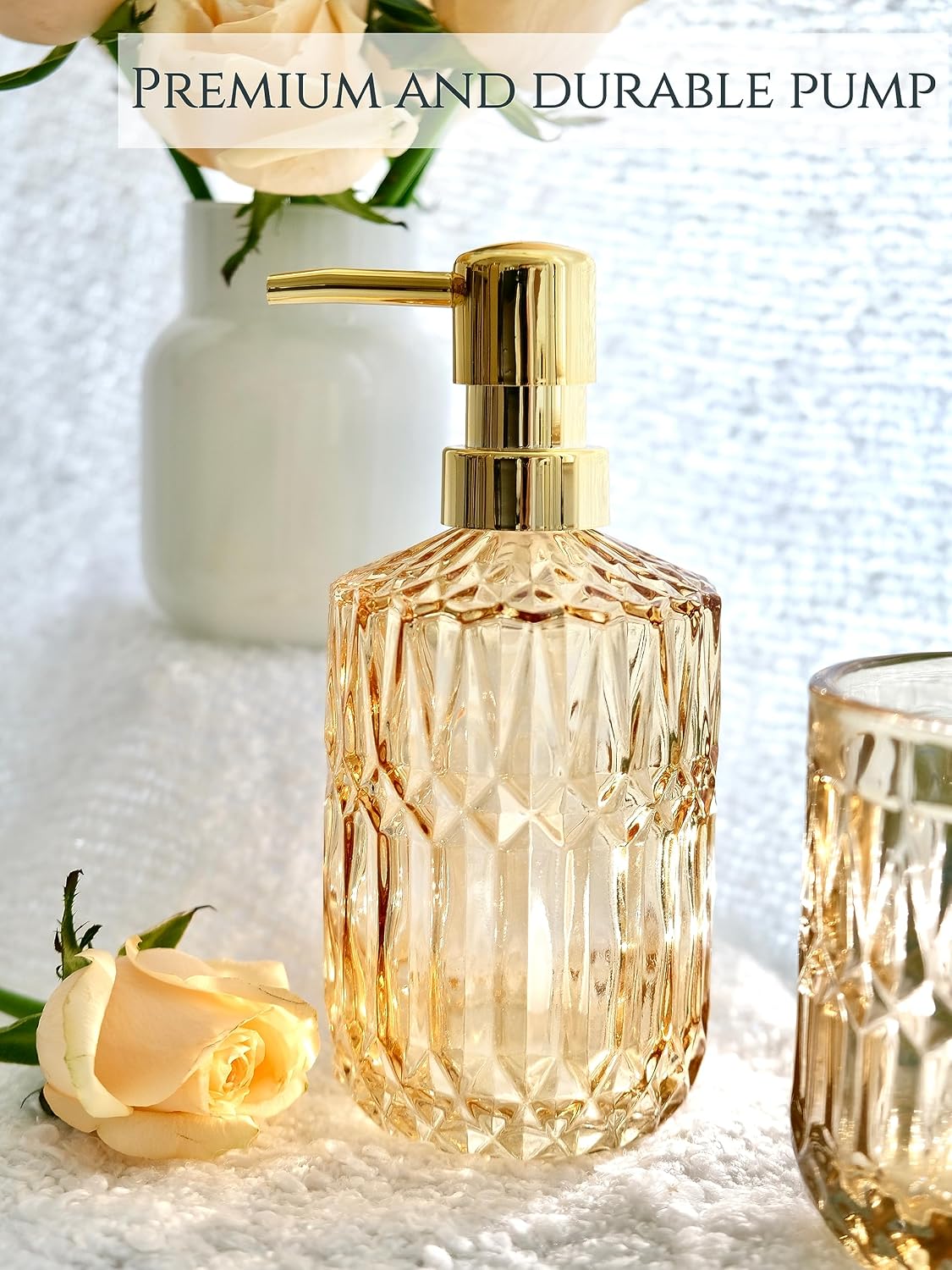 LaMarriti Clear Gold Bathroom Accessorries Set, 5Pcs Glass Bathroom Set | Soap Dispenser and Toothbrush Holder Set