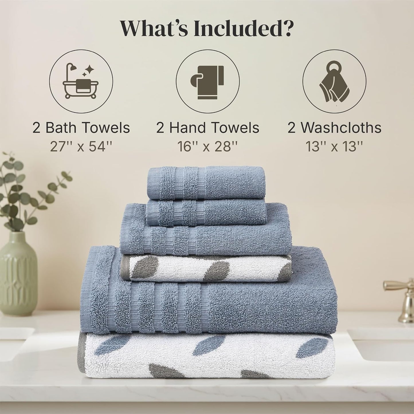 Modern Threads 6 Piece Bath Towel Set – Bathroom Set with 2 Bath Towels, 2 Hand Towels, and 2 Wash Cloths – 100%