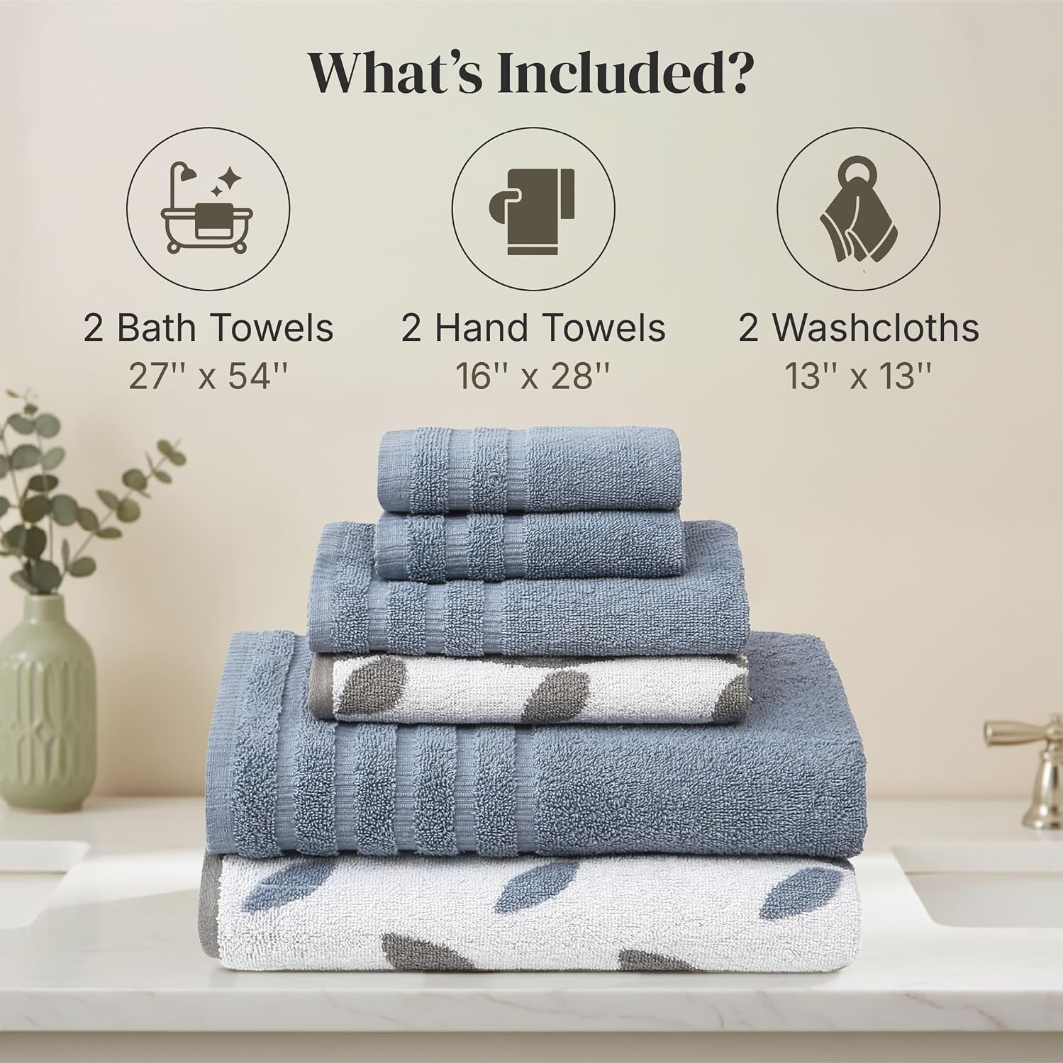 Modern Threads 6 Piece Bath Towel Set – Bathroom Set with 2 Bath Towels, 2 Hand Towels, and 2 Wash Cloths – 100%