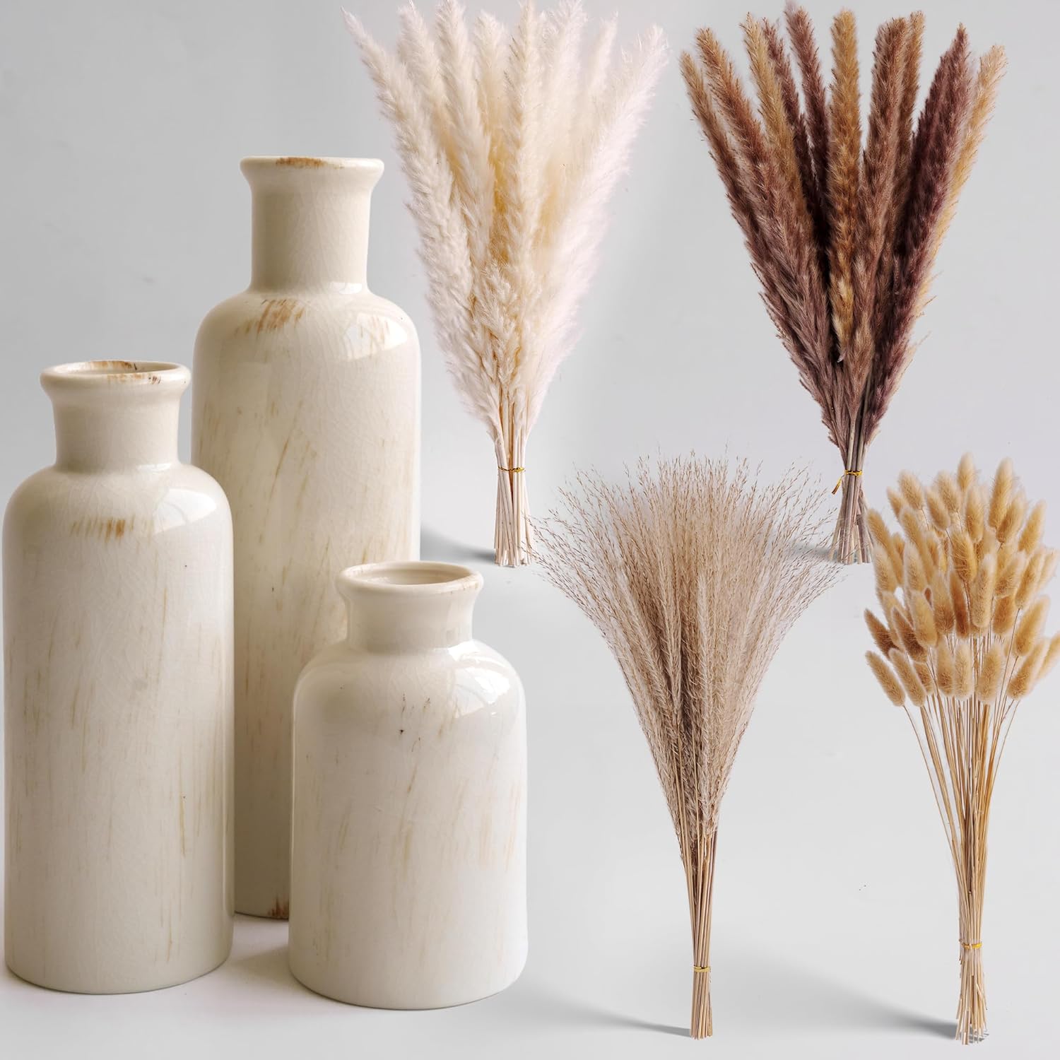 3 White Ceramic Vases / Beige