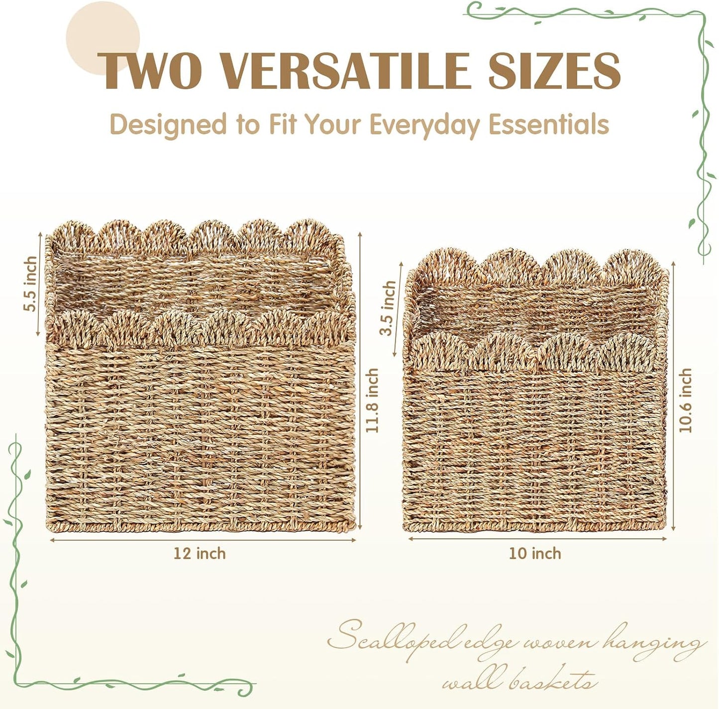 Scalloped Seagrass Basket for Organizing Woven Wall Baskets for Front Door Mail Flowers / Set of 2