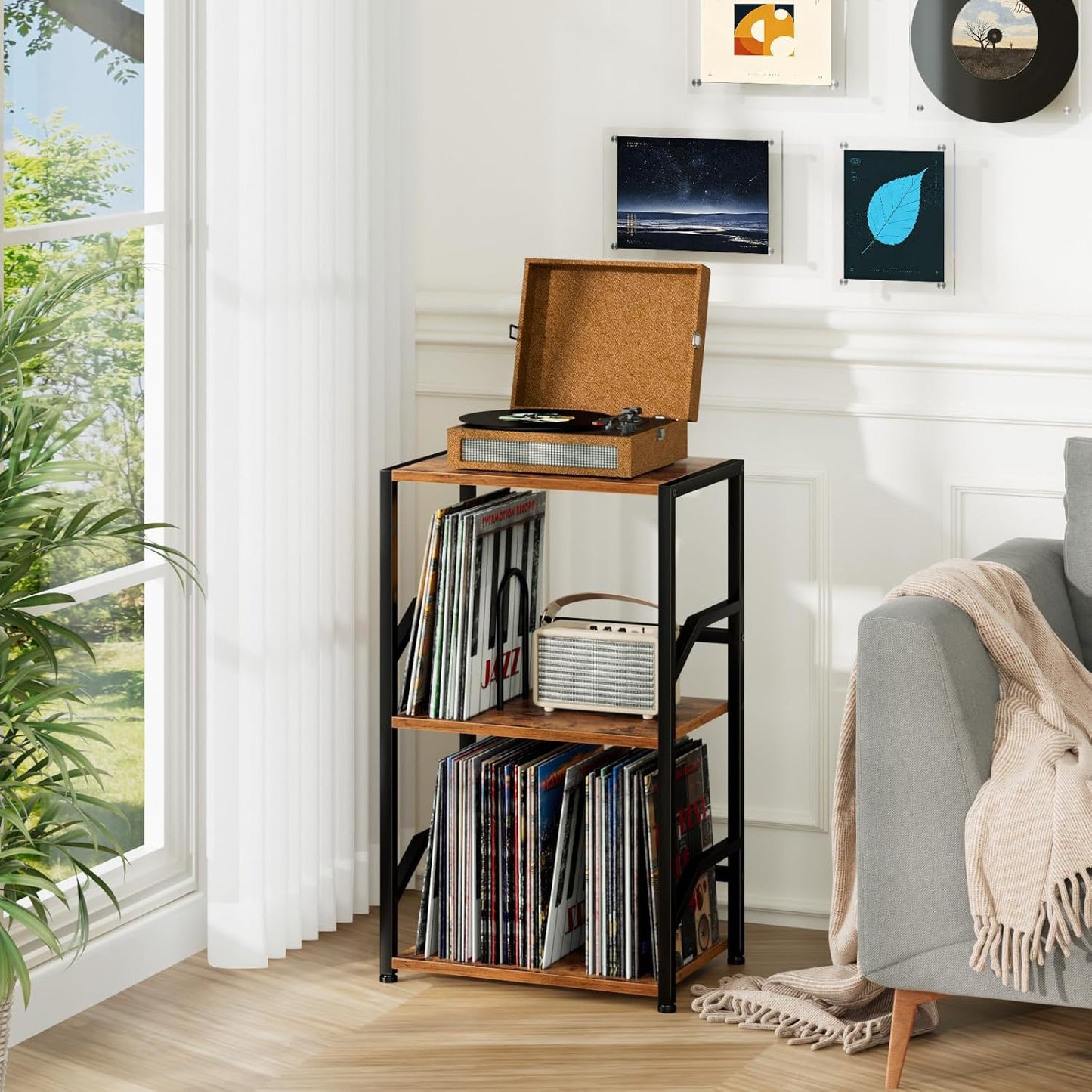 Record Player Stand, Turntable Stand with Vinyl Record Storage | Vinyl Record Player Table Holds 200 Albums, 3 Tier End