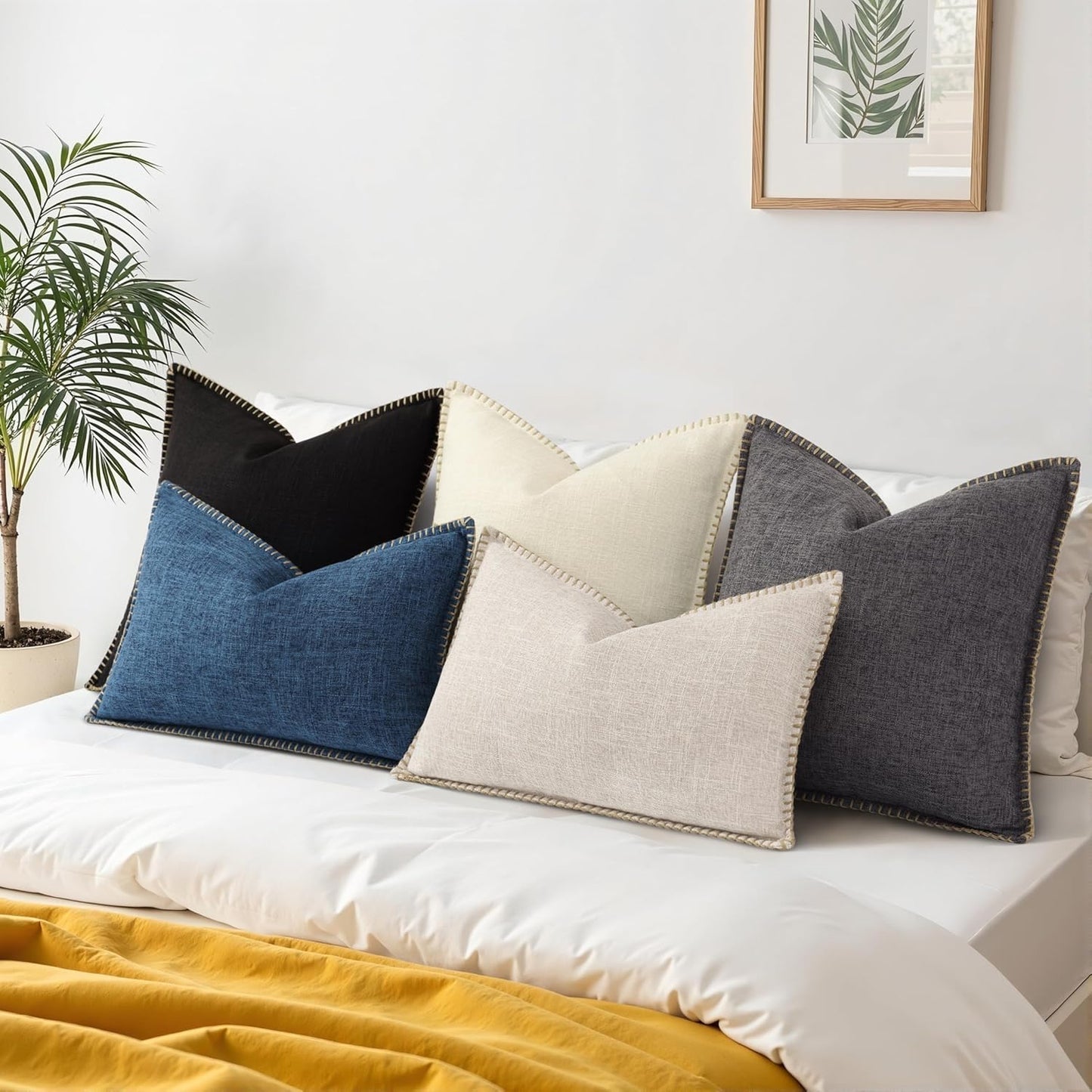 Fall Decorative Throw Pillow Covers Square Faux Linen Outdoor Neutral / Black / 18 x 18 / Set of 2