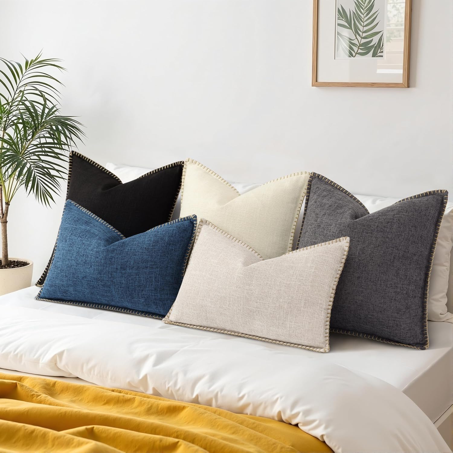 Fall Decorative Throw Pillow Covers Square Faux Linen Outdoor Neutral / Black / 18 x 18 / Set of 2