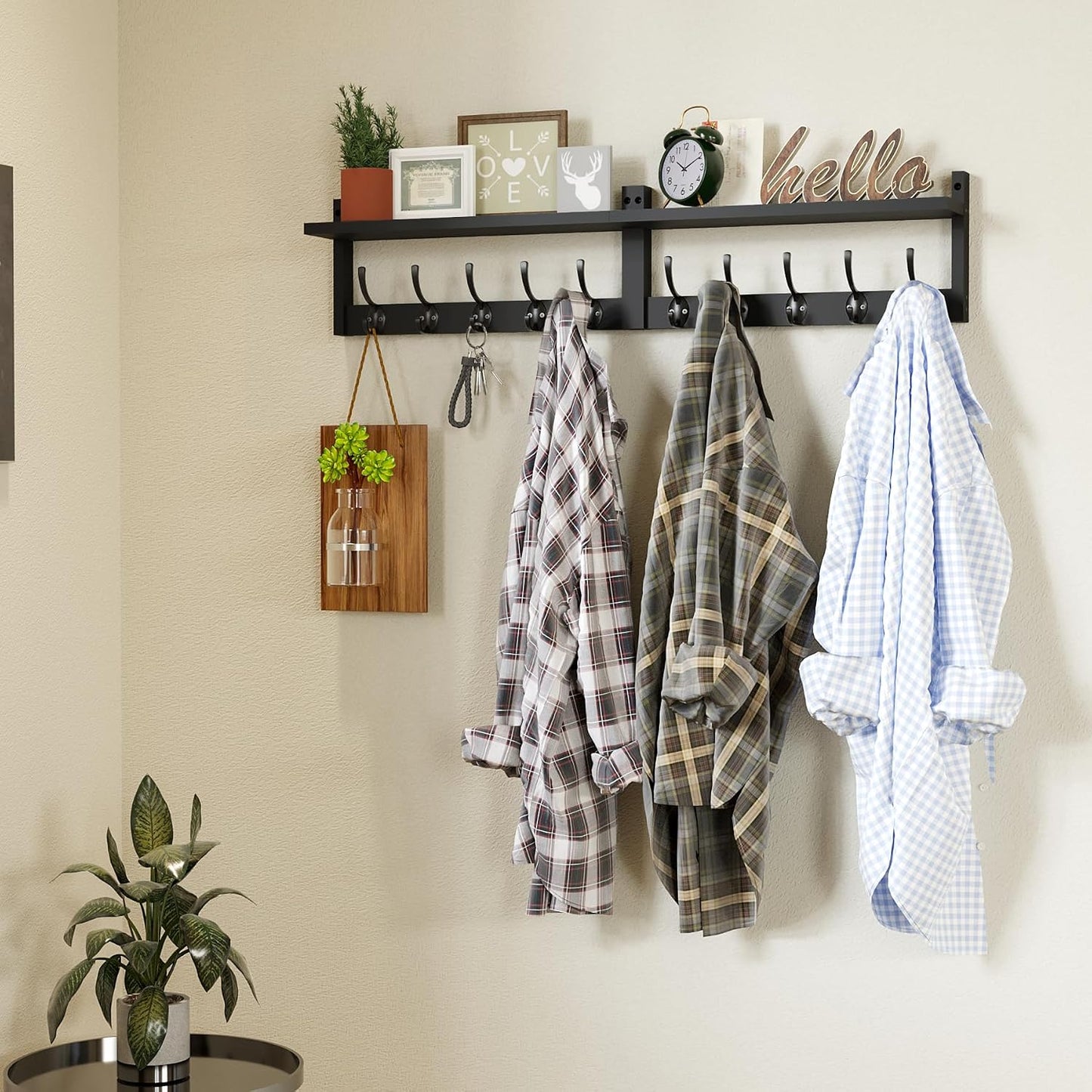 AMBIRD 34.2" Extra Long Wooden Wall Hook Rack with Shelf - Versatile and Decorative Wall-Mounted Storage with 10 Hooks