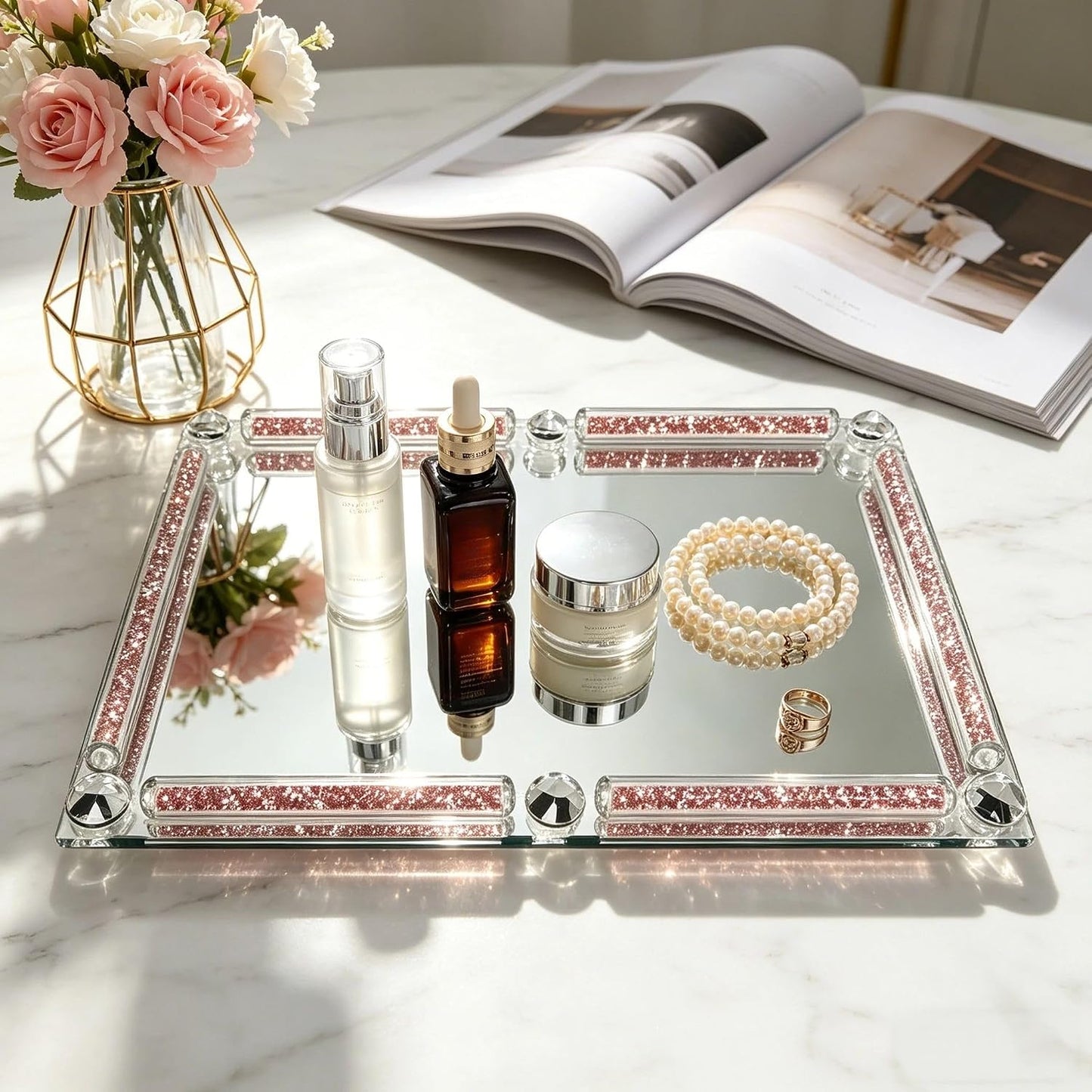 Mirror Glass Vanity Tray for Dresser / Rose / 11.8 x 7.9