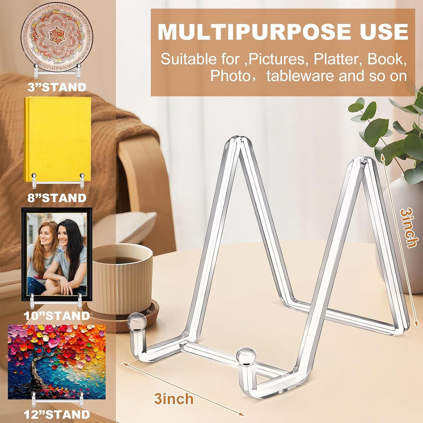 Plate Stands for Display Acrylic Square Holder Stand Picture Frame / 3 Inches / Clear / Set of 2