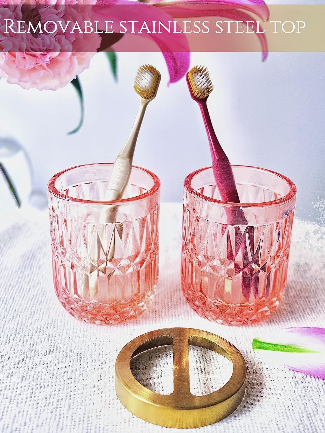 LaMarriti 5pcs Pink Bathroom Accessory Set, Clear Glass Bathroom Set, Soap Dispenser and Toothbrush Holder Set, Soap