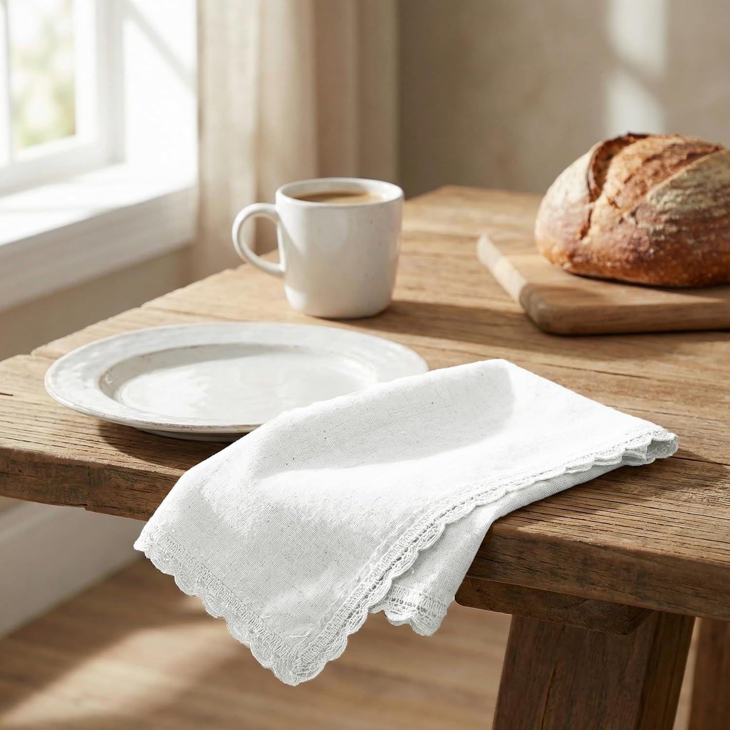 Set of 12 Flax Lace Cloth Napkins 20x20 Inch - White | Premium Linen Cotton Reusable Dinner Napkin for Wedding