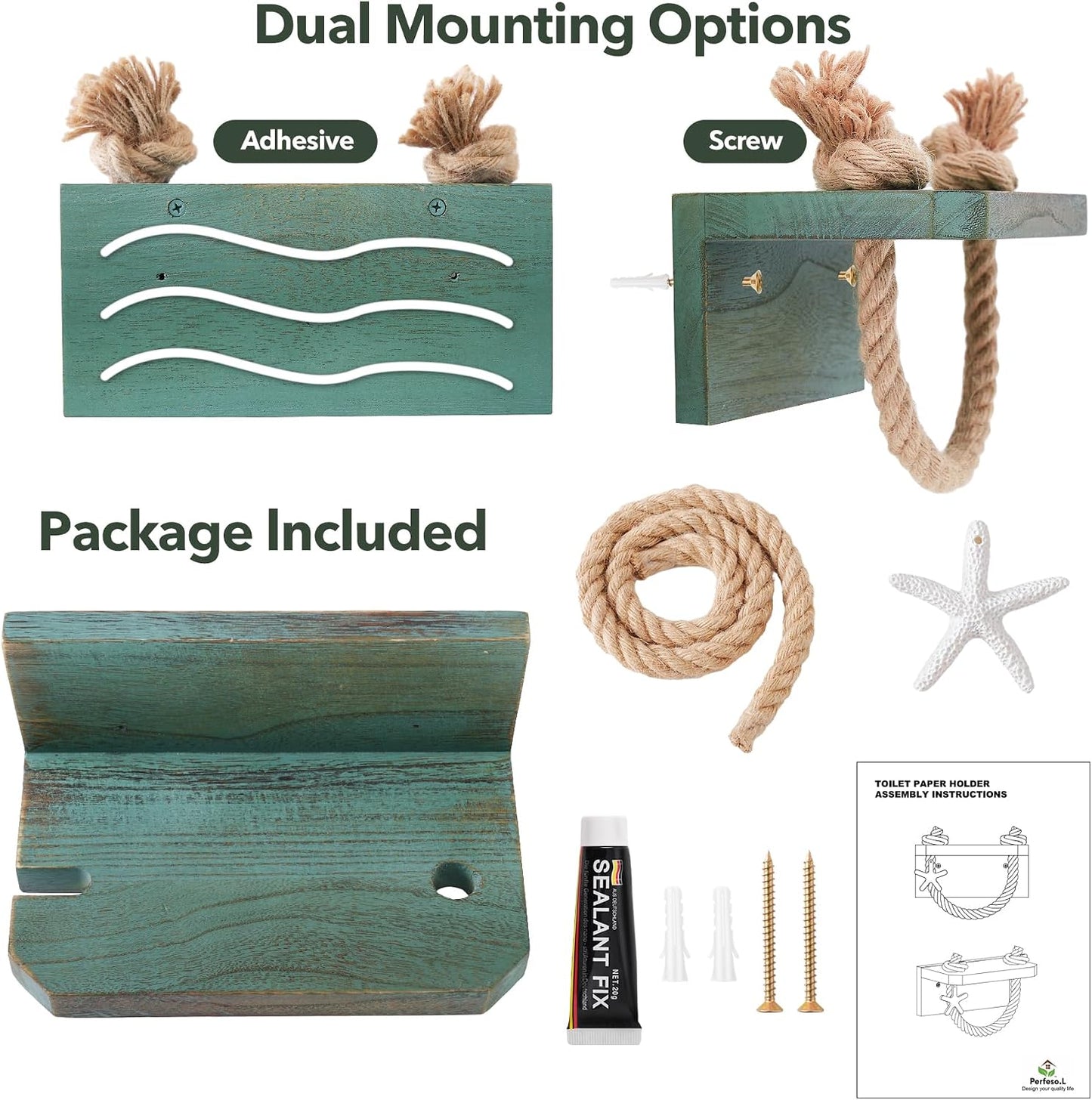 Rustic Rope Toilet Paper Holder Teal Farmhouse Bathroom Decor | Bathroom Accessory with Wood Shelf Nautical Coastal