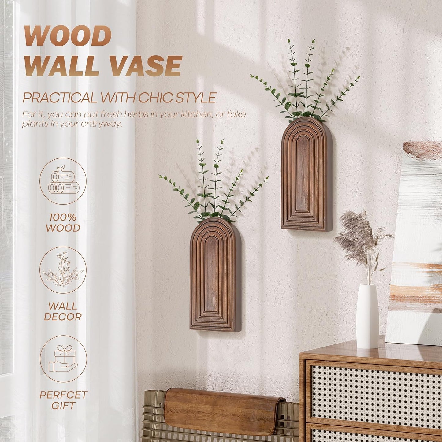Pine Wood Wall Vases / Brown / Set of 2