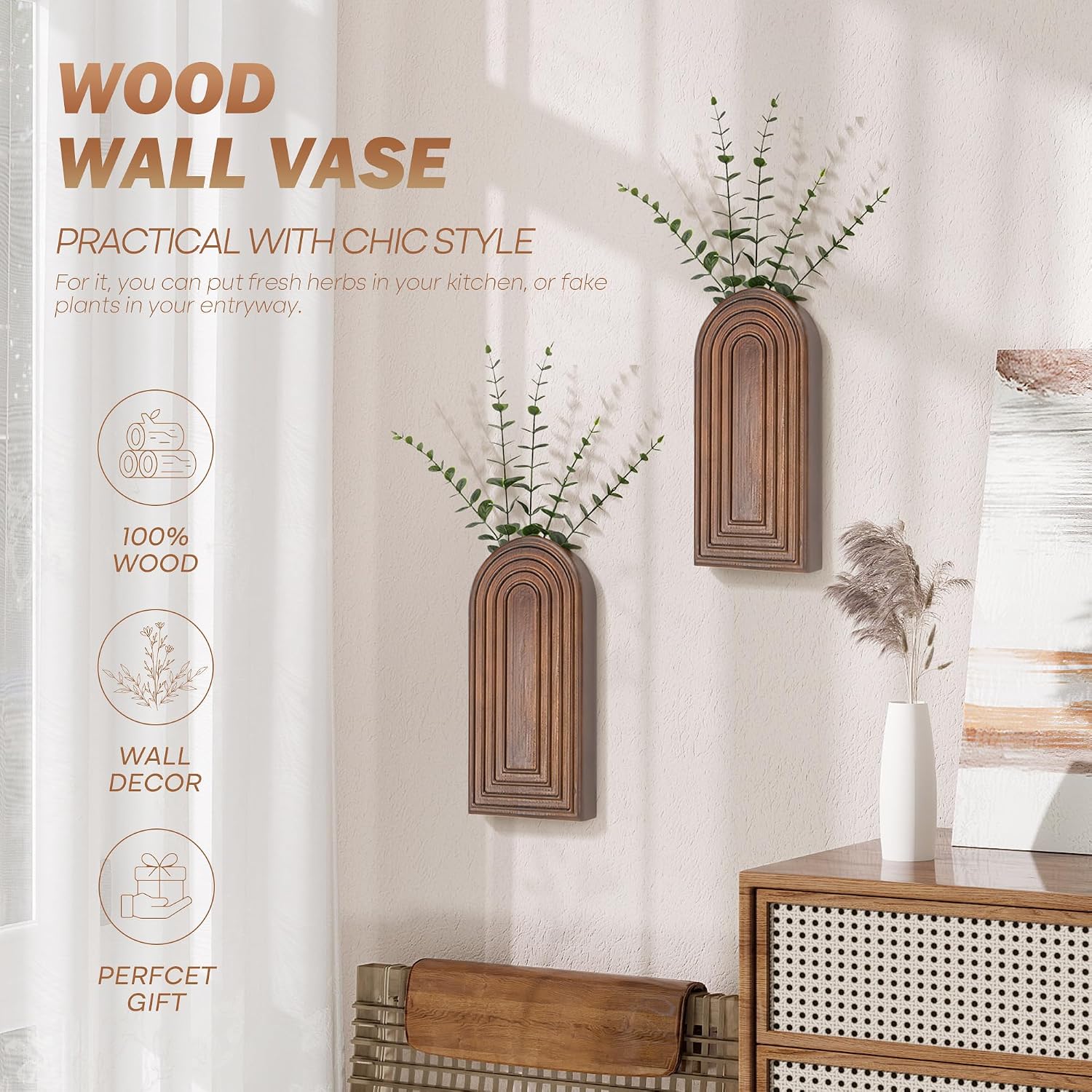 Pine Wood Wall Vases / Brown / Set of 2