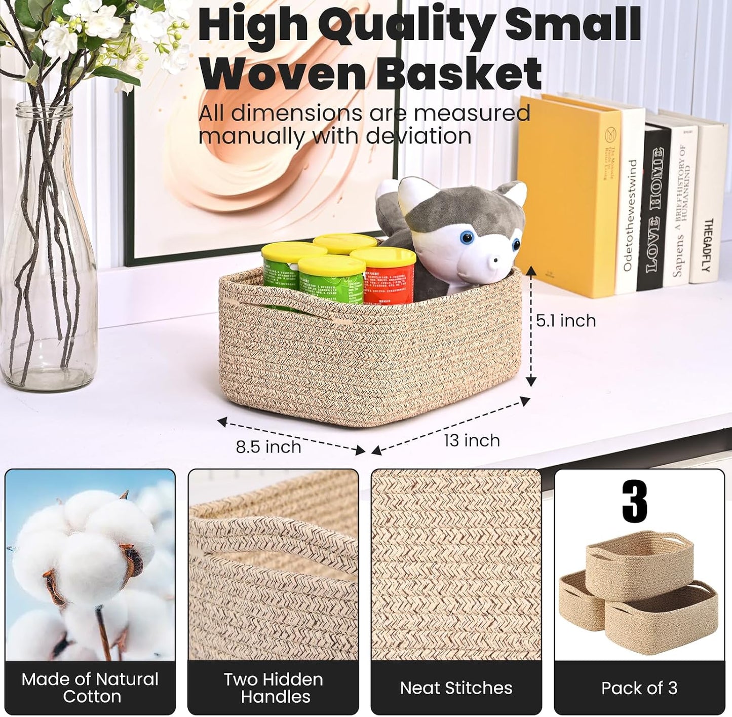 Woven Storage Baskets / 13 x 8.5 x 5.1 / Brown