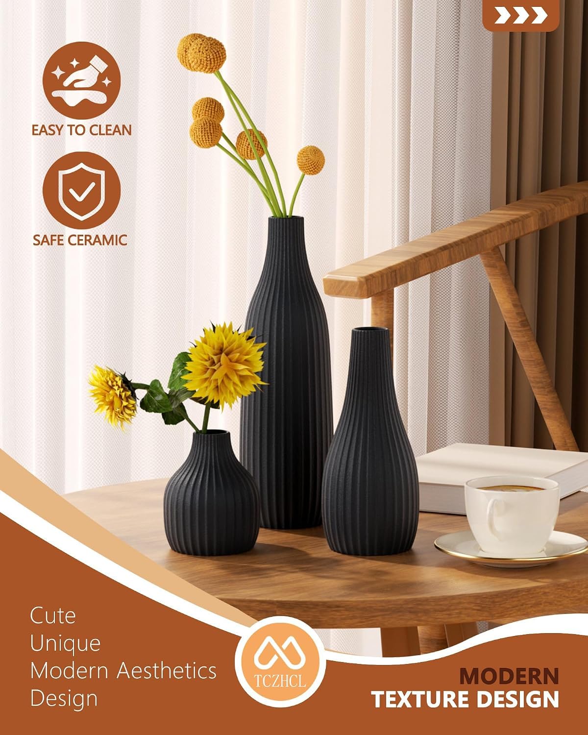 Minimal Line Ceramic Vase / Black / Set of 3