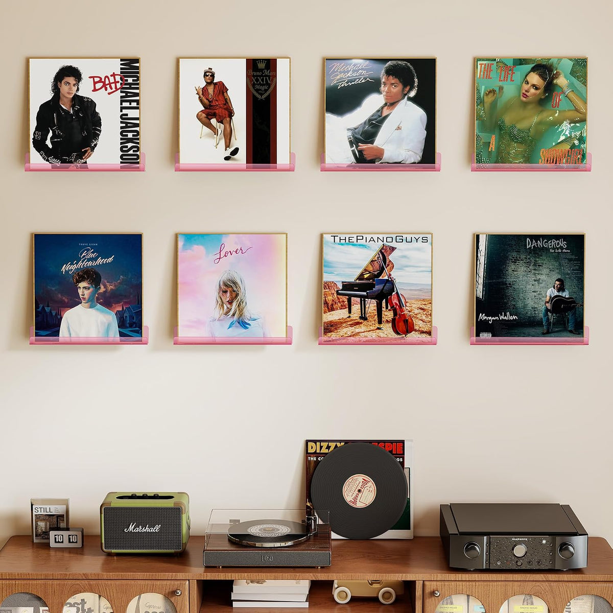Vinyl Record Wall Mount Shelves, 12 inch Vinyl Holder, 8 Pack, Pink | Acrylic Floating Shelves for Album Record Storage