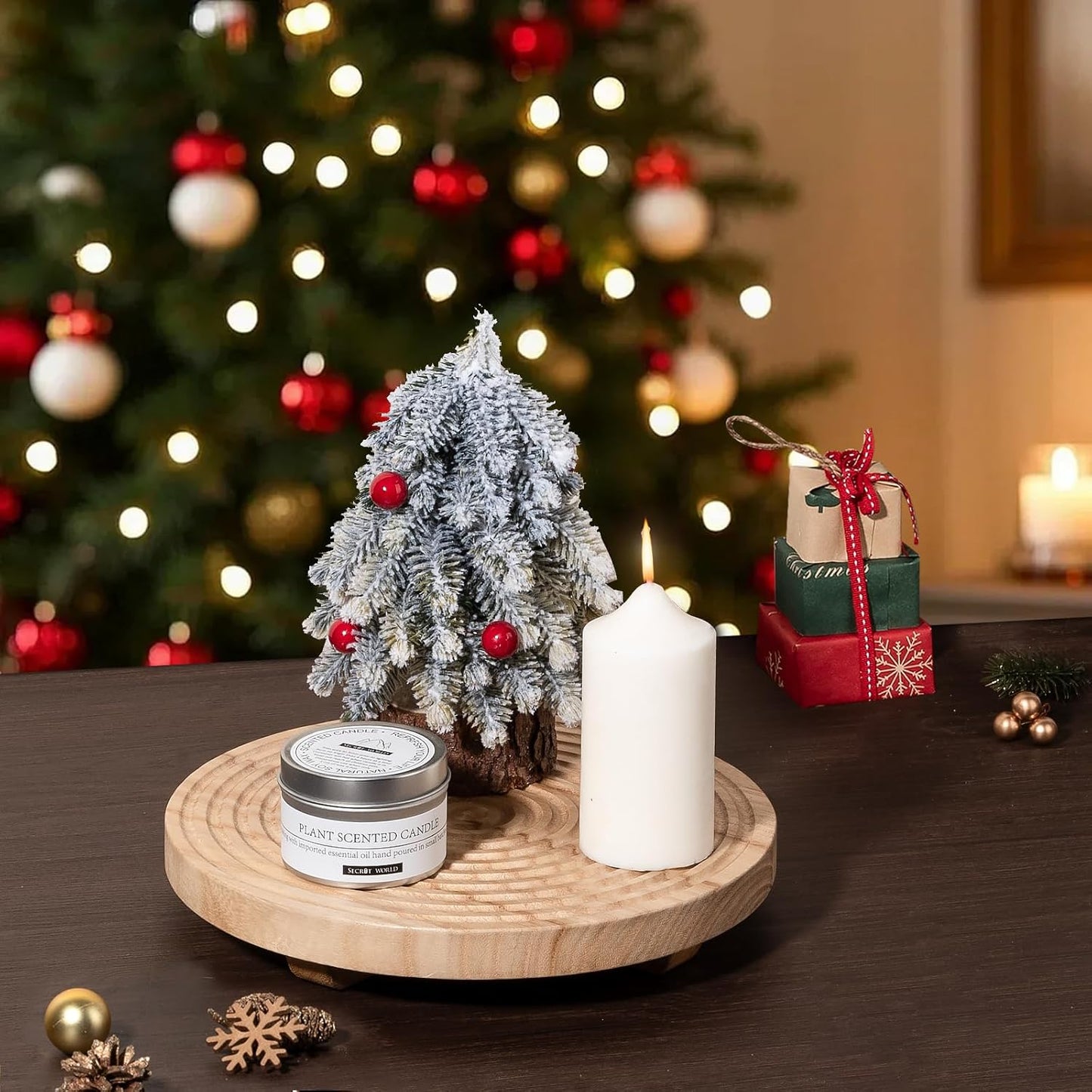 Round Decorative Tray Farmhouse Bathroom Decor Wood Riser Kitchen Countertop / Burlywood / Set of 9