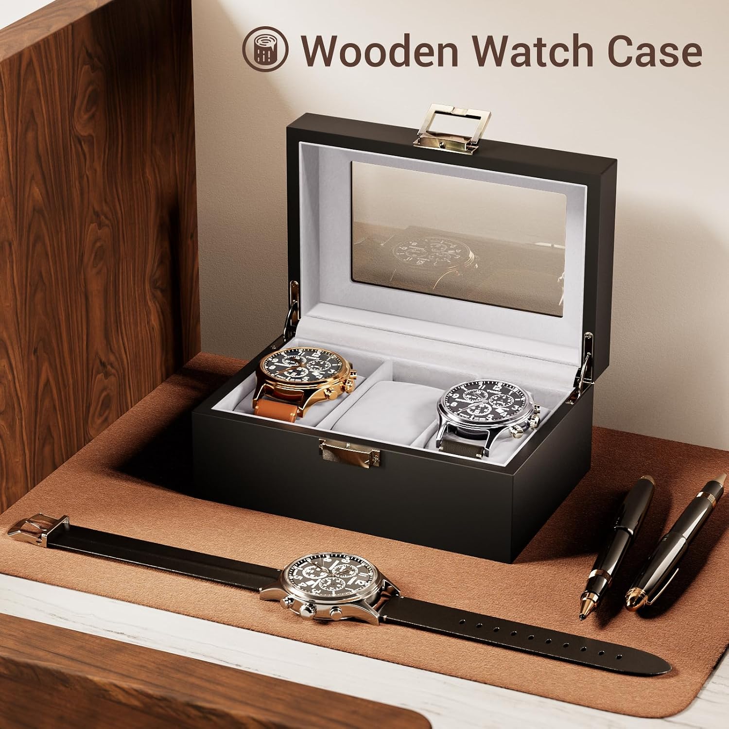 ProCase Wooden Watch Box, 3 Slot Mens Watch Display Case, MatteBlack | Wood Watches Holder Storage Organizer with Clear