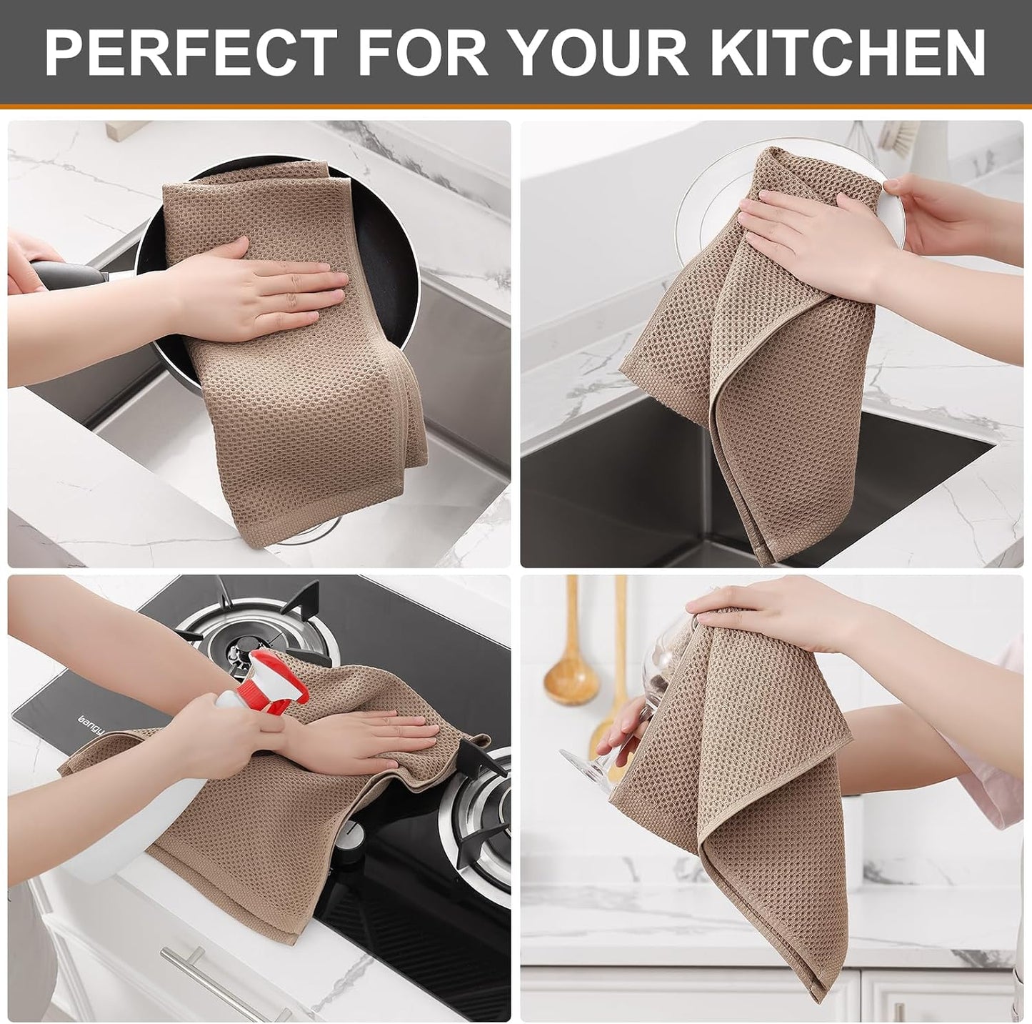 Kitinjoy 100% Cotton Waffle 6-Pack Kitchen Towels, 13" x 28", Tan | Super Soft, Ultra-Absorbent, Fast Drying