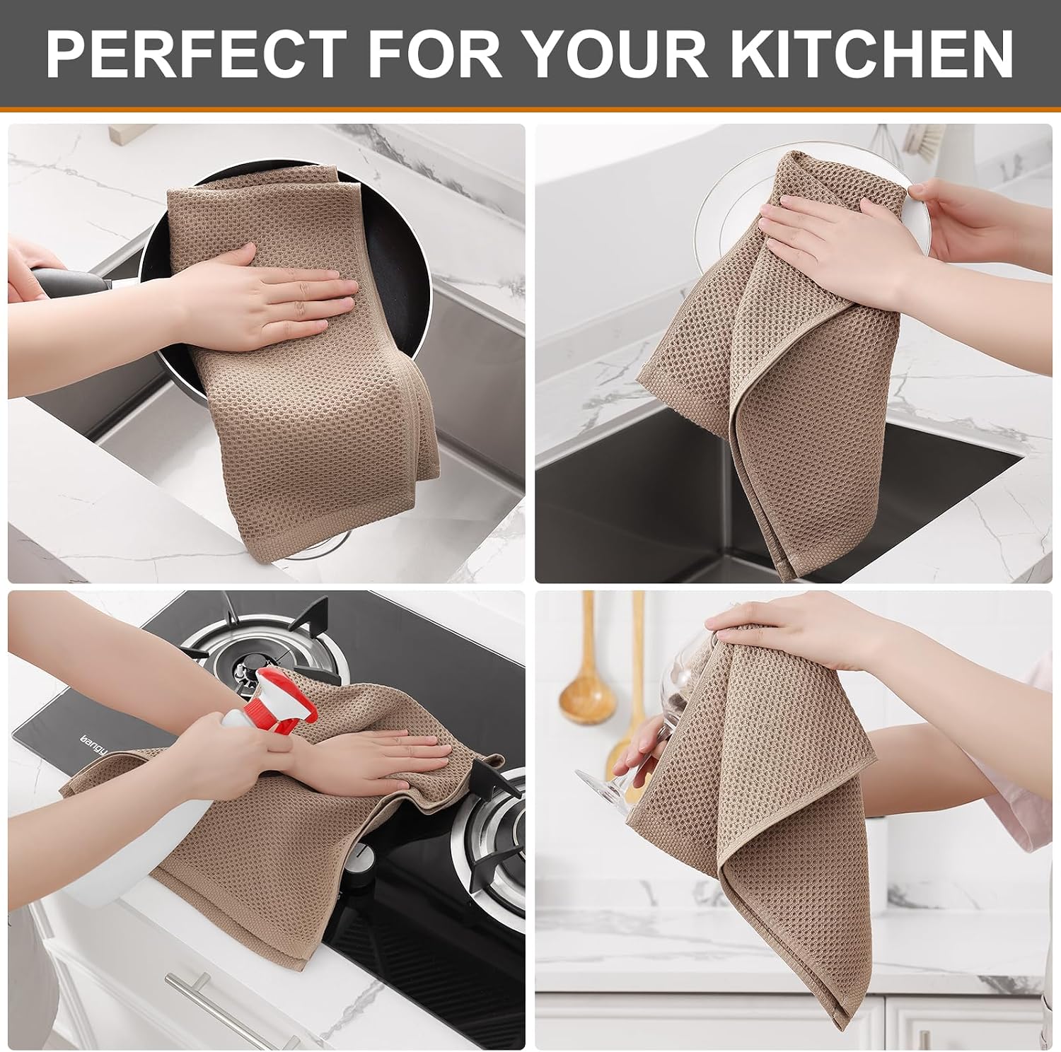 Kitinjoy 100% Cotton Waffle 6-Pack Kitchen Towels, 13" x 28", Tan | Super Soft, Ultra-Absorbent, Fast Drying