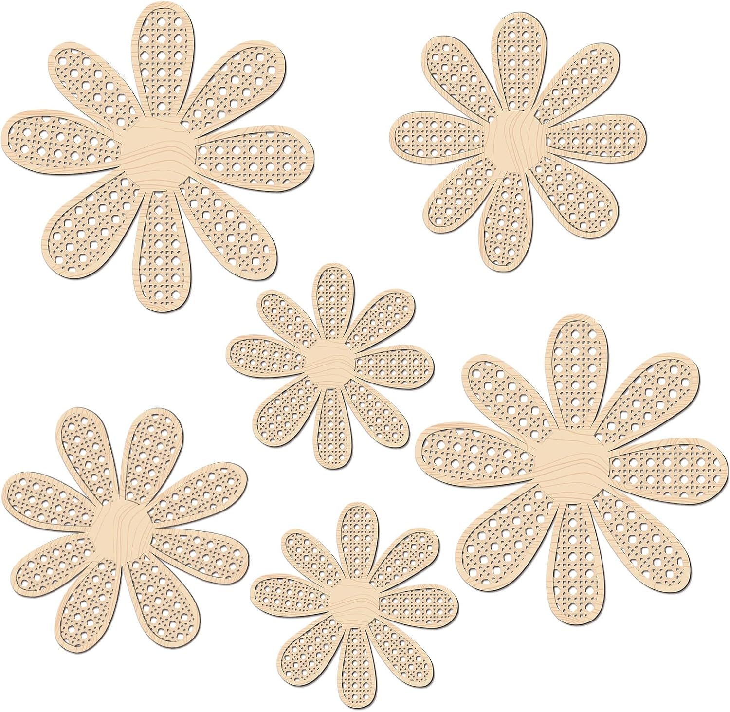 Boho Daisy Wall Decor Rattan Flower Wall Hanging Art Wooden Boho Art Nursery / Natural / Set of 6