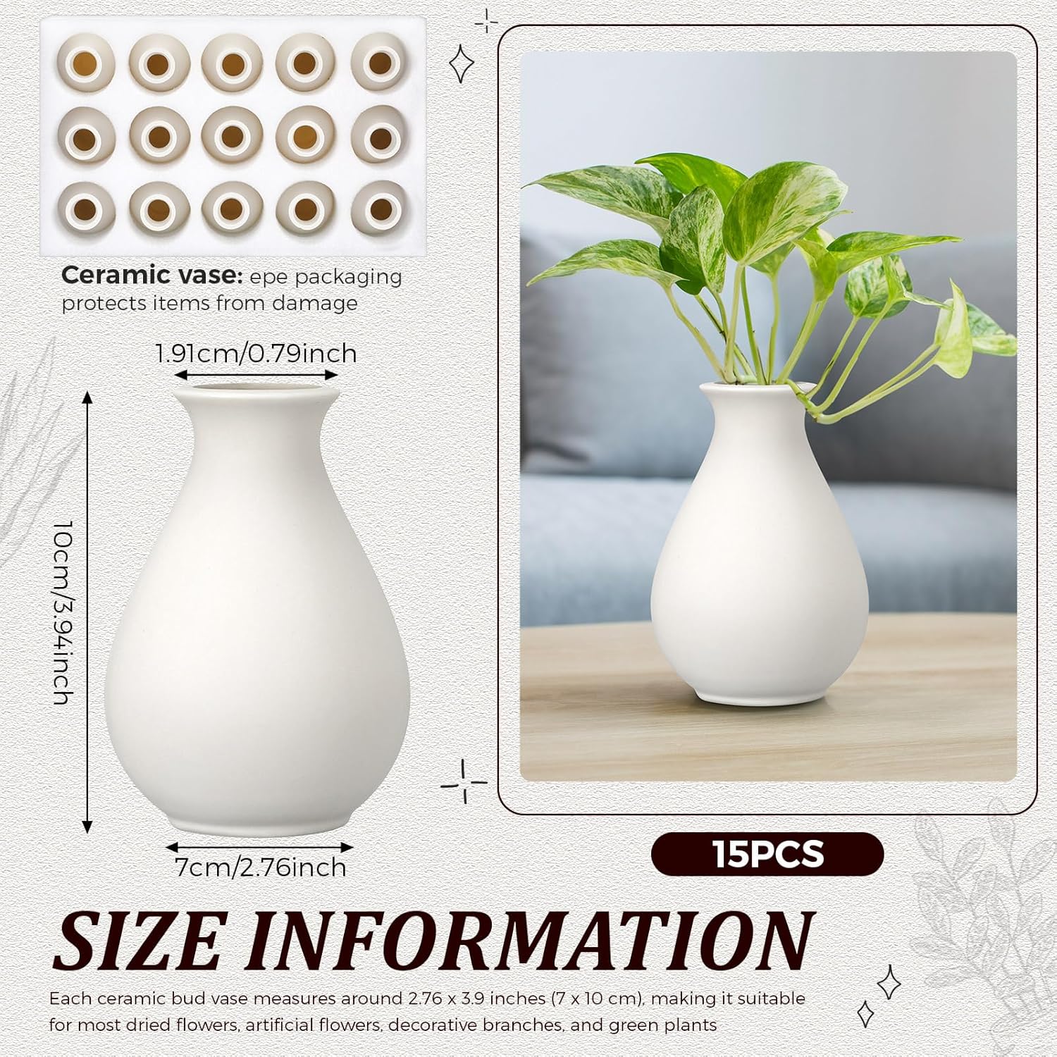 Ceramic Bud Vases Bulk Boho Small Flower Vase Ceramic Vases / 3.9"*2.76 / White / Set of 15